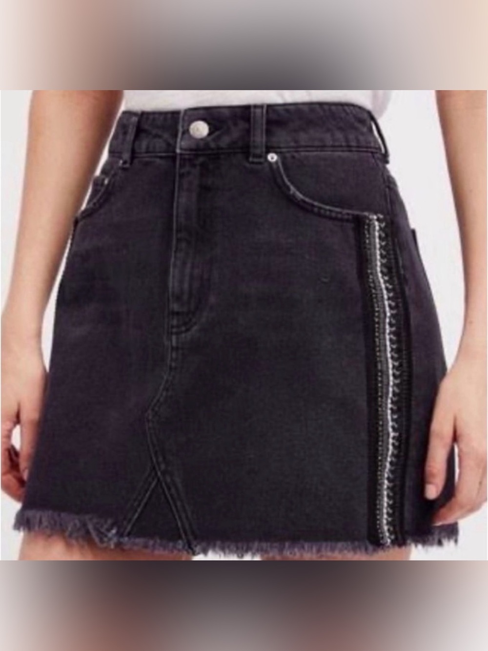 Free People Black Denim Embellished Skirt Sz 12 (p1)